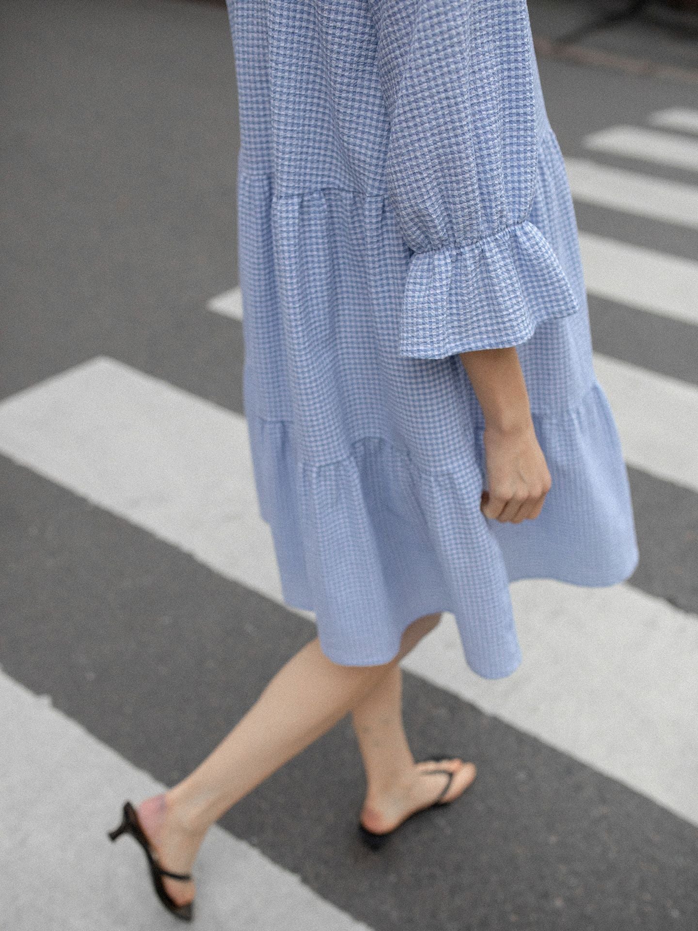 RUFFLED DRESS CHECKER BLUE