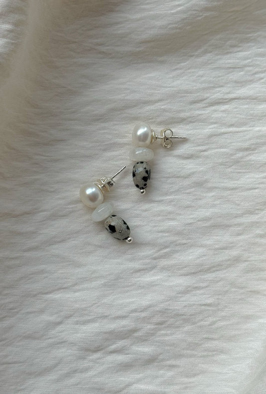 STONE AND PEARL EARRINGS DALMATIAN JASPER