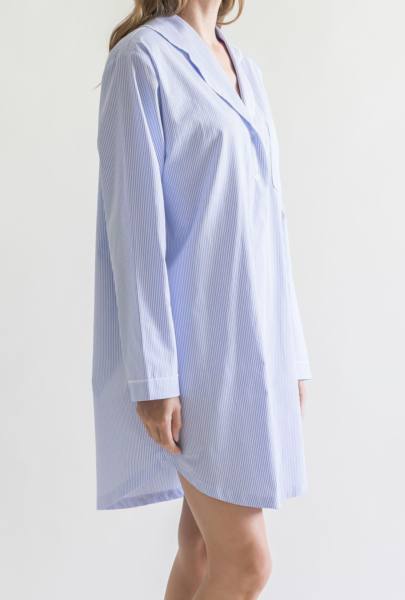 LIGHT BLUE/WHITE STRIPED COTTON NIGHT SHIRT