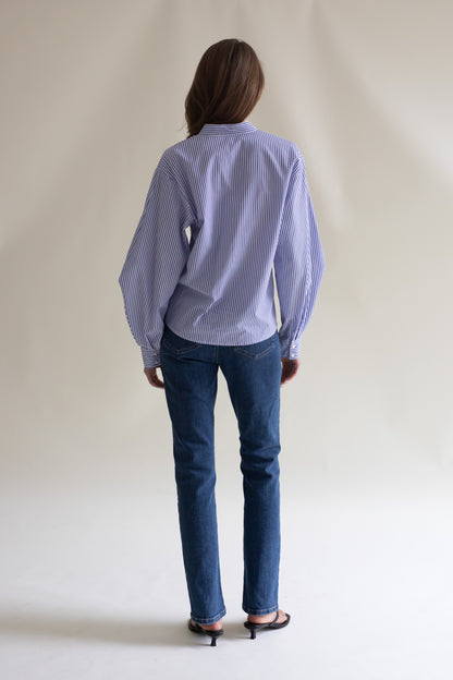 model wearing a gauhar helsinki blue white striped shirt back image